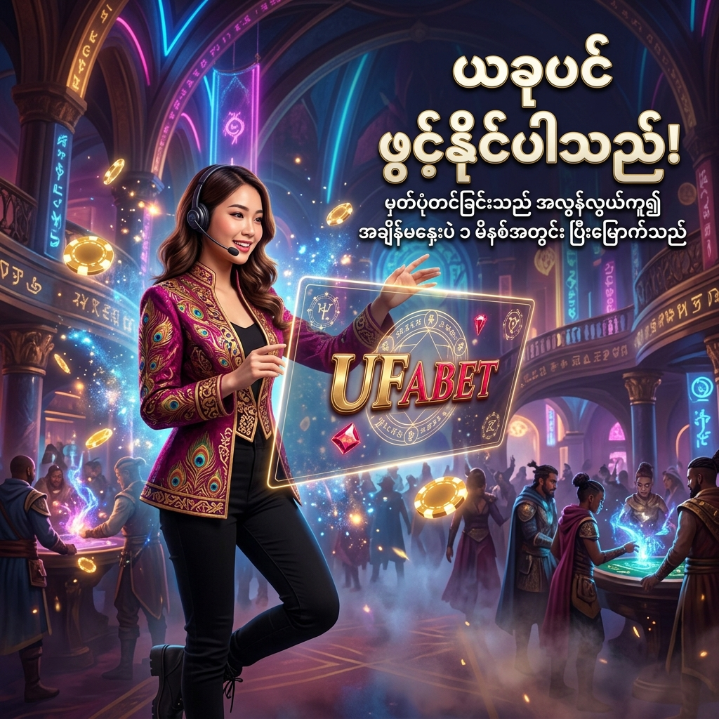 ဤပုံသည် UFABET ကာစီနိုတွင် အကောင့်သစ်ဖွင့်လှစ်ခြင်းအတွက် အလွန်လွယ်ကူမြန်ဆန်ကြောင်း ဖော်ပြပေးထားသော ဆွဲဆောင်မှုရှိသည့် ပုံရိပ်ဖြစ်ပါသည်။ အာရှအမျိုးသမီးတင်ဆက်သူမှ တစ်မိနစ်အတွင်း အကောင့်ဖွင့်နိုင်ကြောင်း မြန်မာဘာသာဖြင့် ရှင်းလင်းစွာ ဖော်ပြထားပြီး ကာစီနိုပုံစံ ဒီဇိုင်းနှင့် တောက်ပသော အရောင်အသွေးများဖြင့် အသုံးပြုသူများကို အထူးဆွဲဆောင်ထားပါသည်။
