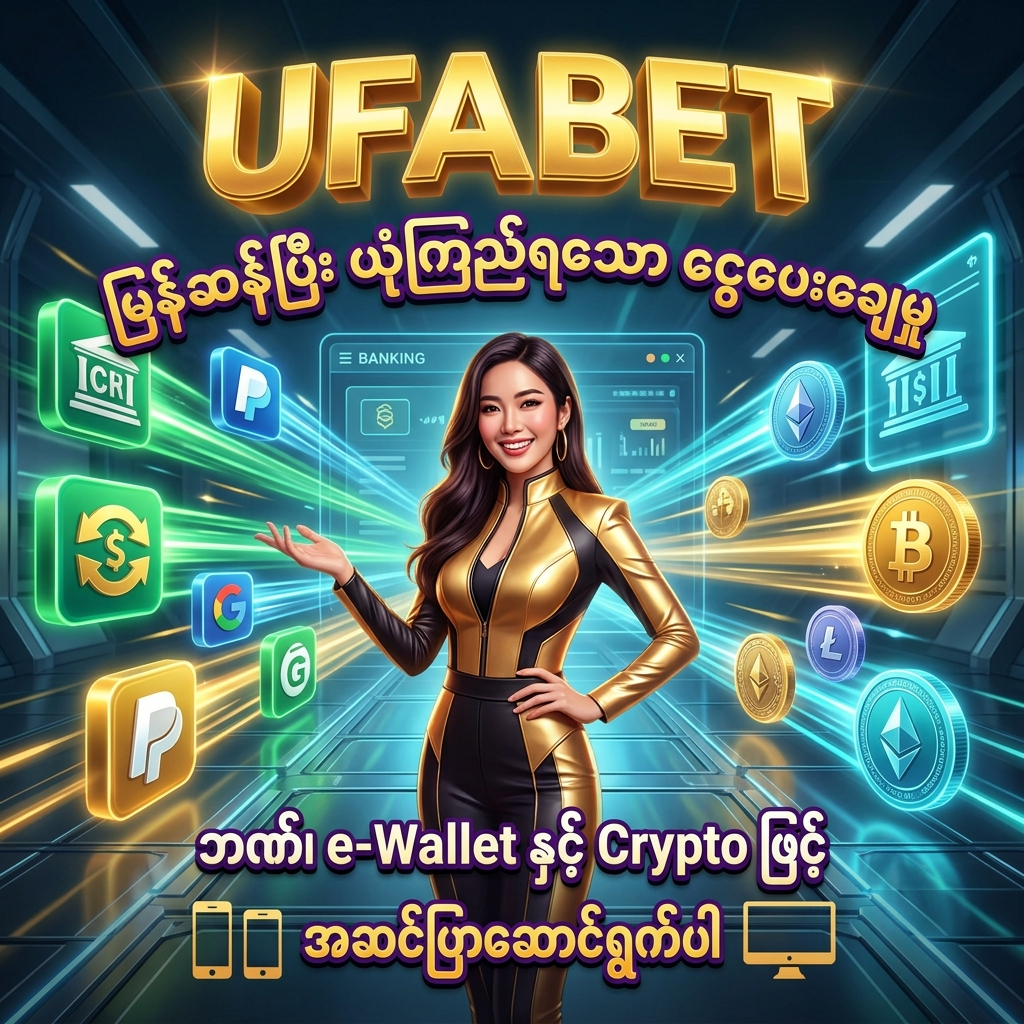 ဤပုံသည် UFABET ပလပ်ဖောင်း၏ မြန်ဆန်ပြီး ယုံကြည်စိတ်ချရသော ငွေသွင်းငွေထုတ် လုပ်ငန်းစဉ်များကို ဖော်ပြပေးထားသည့် ဒီဇိုင်းဖြစ်ပြီး၊ ဘဏ်လွှဲ၊ e-Wallet နှင့် Cryptocurrency အပါအဝင် နည်းလမ်းစုံဖြင့် အဆင်ပြေစွာ ဆောင်ရွက်နိုင်ကြောင်းကို မြန်မာကစားသမားများအတွက် ရည်ရွယ်၍ ဖော်ပြထားပါသည်။