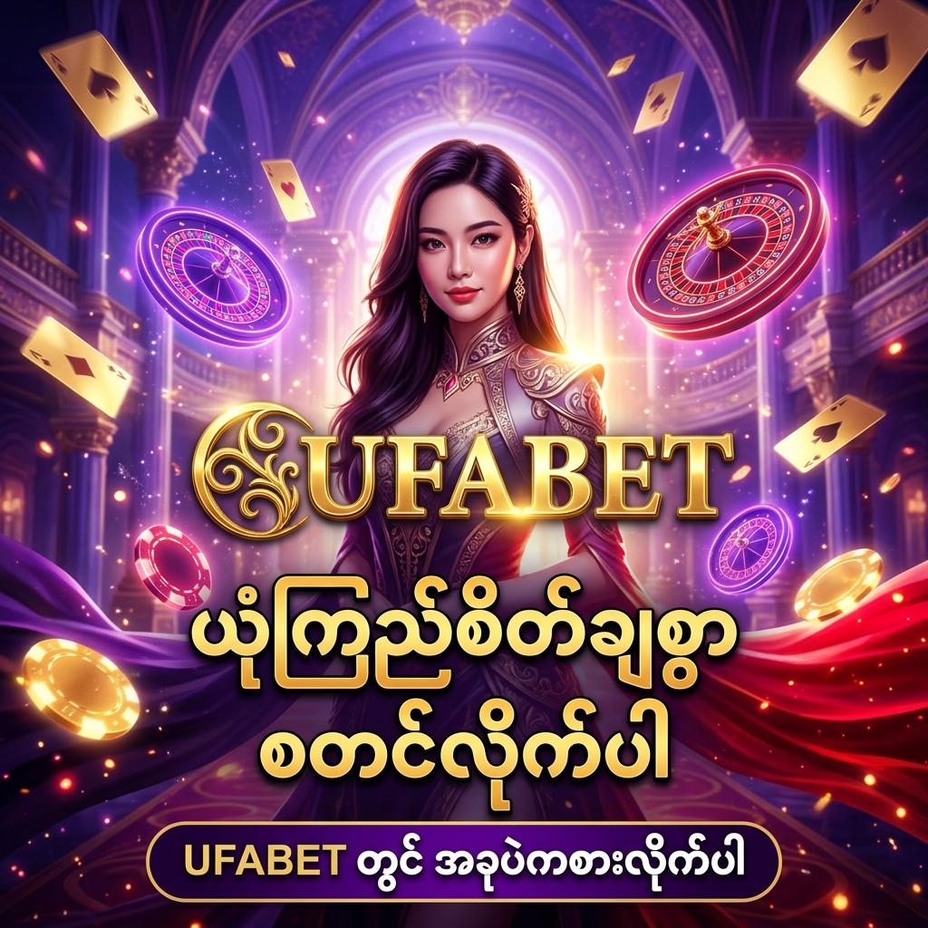 ဤပုံသည် UFABET ကာစီနိုပလက်ဖောင်း၏ ယုံကြည်စိတ်ချရသော ဝန်ဆောင်မှုများကို ကိုယ်စားပြုသည့် စိတ်ကူးယဉ်ဆန်သော ဒီဇိုင်းဖြစ်ပြီး၊ အာရှအမျိုးသမီးတင်ဆက်သူနှင့်အတူ ခမ်းနားထည်ဝါသော ကာစီနိုပတ်ဝန်းကျင်တွင် မြန်မာဘာသာဖြင့် ရေးသားထားသော စာသားများပါဝင်ကာ ကစားသမားများအတွက် ဆွဲဆောင်မှုရှိသော ကြော်ငြာပုံရိပ်တစ်ခု ဖြစ်ပါသည်။