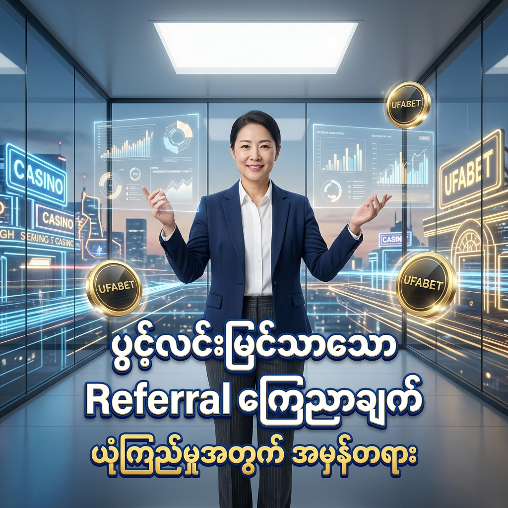 ဤပုံသည် UFABET ပလပ်ဖောင်း၏ ပွင့်လင်းမြင်သာသော Referral ကြေညာချက်နှင့် ပတ်သက်သည့် အချက်အလက်များကို ဖော်ပြပေးထားသော ဒီဇိုင်းဖြစ်ပြီး၊ ကစားသမားများအတွက် ယုံကြည်စိတ်ချရမှုနှင့် ရိုးသားမှုရှိသော ဝန်ဆောင်မှုများကို အလေးပေးဖော်ပြထားသည့် ပရော်ဖက်ရှင်နယ်ဆန်သော ပုံရိပ်တစ်ခု ဖြစ်ပါသည်။
