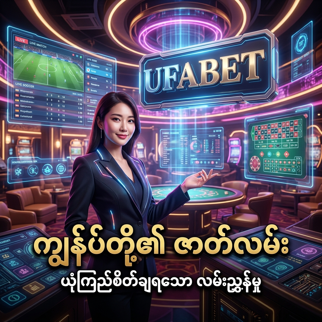 ဤပုံသည် မြန်မာနိုင်ငံသားများနှင့် ထိုင်းနိုင်ငံရှိ မြန်မာဘာသာစကားပြောဆိုသူများအတွက် ယုံကြည်စိတ်ချရသော အွန်လိုင်းဘောလုံးလောင်းကစားနှင့် ကာစီနိုပလက်ဖောင်းဖြစ်သည့် UFABET ၏ နောက်ခံဇာတ်လမ်းနှင့် ဝန်ဆောင်မှုများကို ဖော်ပြပေးထားသော စိတ်ကူးယဉ်ဆန်သည့် ဒီဇိုင်းပုံရိပ်တစ်ခုဖြစ်ပြီး ကစားသမားများအတွက် အကောင်းဆုံးလမ်းညွှန်မှုပေးရန် ရည်ရွယ်ပါသည်။