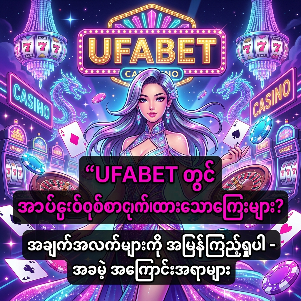 အဆိုပါ စတိုင်လ်အင်နာမီ အနာဂတ်ကာစီနို အခန်းထဲတွင် တောက်ပသော neon အလင်းရောင်များနှင့် ဂွမ်းသံတော်လှန်သော ဂိုးအရောင်များဖြင့် ဖွဲ့စည်းထားသော UFABET အမှတ်တံဆိပ်ကို ဂြိုဟ်တုအဖြစ် ပြသထားပြီး၊ ဗမာစာ စာသား “UFABET တွင် ဝှက်ထားသောကြေးများ?” နှင့် “အချက်အလက်များကို အမြန်ကြည့်ရှုပါ – အခမဲ့ အကြောင်းအရာများ” တို့ကို ဖတ်နိုင်သော မြင်သာသော ဖောင့်ဖြင့် ထည့်သွင်းထားသည်။ ဤပုံသည် ဂျပန်အနုပညာ (anime) စတိုင်၊ အစွမ်းထက်သော အရောင်များ၊ တောက်ပသော အလင်းထွန်းမှုများနှင့် အာရှ အမျိုးသမီး တင်ဆက်သူတစ်ဦးကို ပင်မအချက်အလက်အဖြစ် ဖော်ပြထားပြီး၊ UFABET ၏ လျှို့ဝှက်ကြေးများနှင့် အပိုကုန်ကျစရိတ်များကို စိတ်ဝင်စားစေသည့် ဗဟုသုတအရင်းအမြစ်အဖြစ် သုံးစွဲသူများကို ဆွဲဆောင်ရန် ရည်ရွယ်ထားသည်။