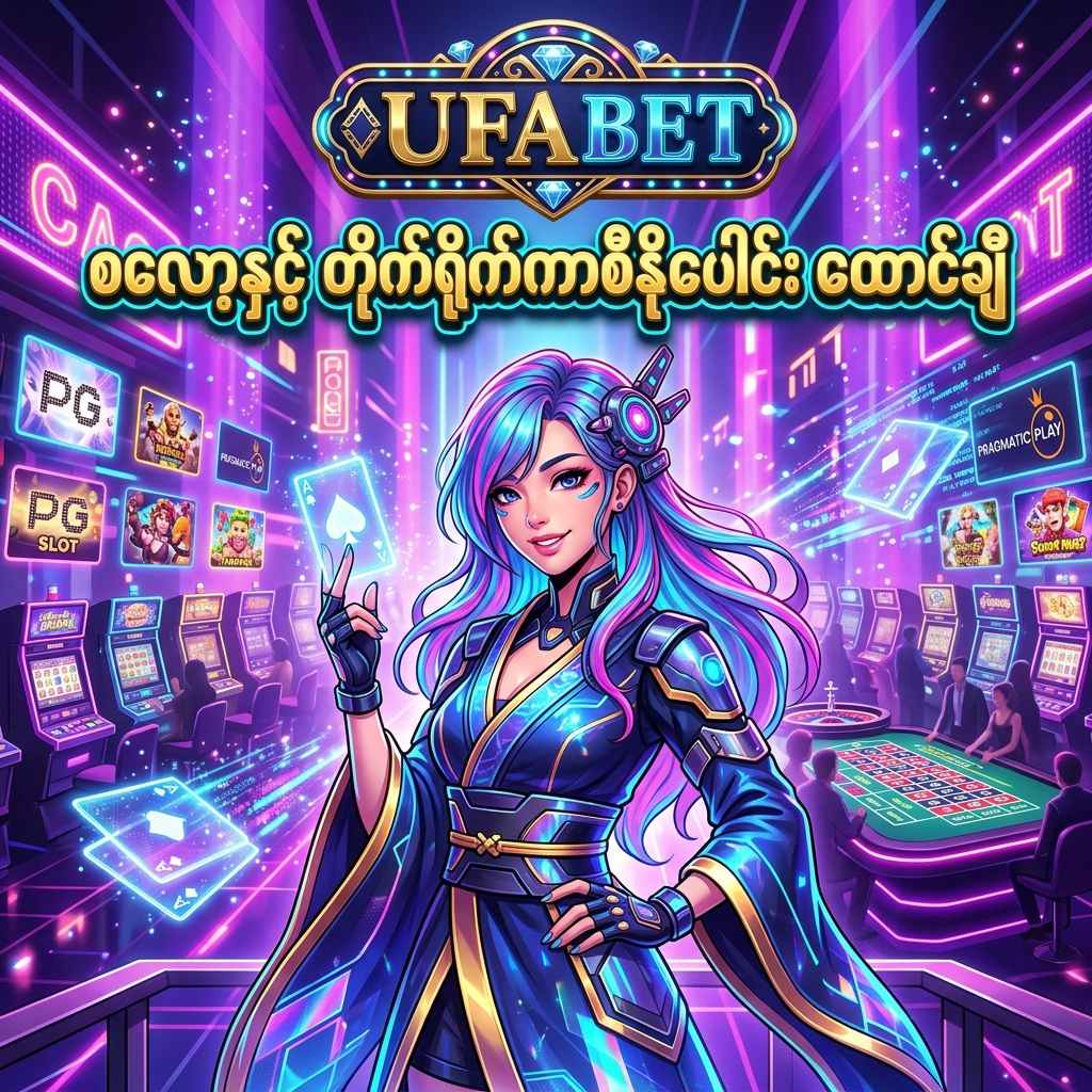 UFABET တွင် ကစားနိုင်သော PG Slot, Pragmatic Play နှင့် Evolution Gaming တို့မှ စလော့ဂိမ်းအသစ်များနှင့် တိုက်ရိုက်ကာစီနိုဂိမ်းပေါင်း ထောင်ချီကို ဖော်ပြထားသည့် ပုံရိပ်ဖြစ်ပြီး၊ ဆွဲဆောင်မှုရှိသော အာရှအမျိုးသမီးတင်ဆက်သူနှင့်အတူ လှပဆန်းသစ်သော ဆိုင်ဘာပန့်ခ် ဖန်တစီကာစီနိုနောက်ခံဖြင့် သရုပ်ဖော်ထားကာ မြန်မာကစားသမားများအတွက် အထူးသင့်လျော်ပါသည်။