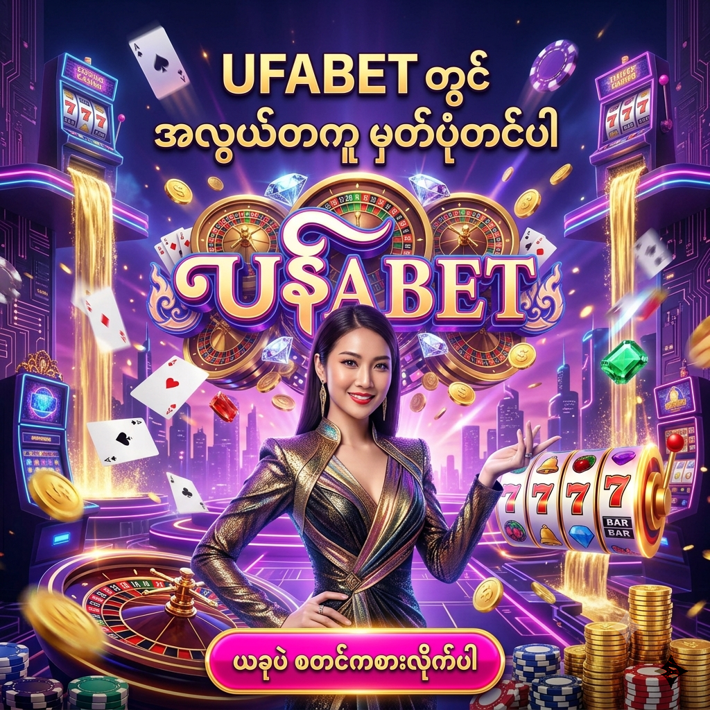 UFABET တွင် အလွယ်တကူ မှတ်ပုံတင်ပြီး စတင်ကစားနည်းကို ဖော်ပြထားသော ဆွဲဆောင်မှုရှိသည့် ဆိုက်ဘာပန့်ခ် ဖန်တစီ ဒီဇိုင်းပုံရိပ်ဖြစ်ပြီး၊ အာရှအမျိုးသမီး တင်ဆက်သူနှင့်အတူ တောက်ပသော ရောင်စုံမီးများ၊ ရွှေရောင်ကာစီနို