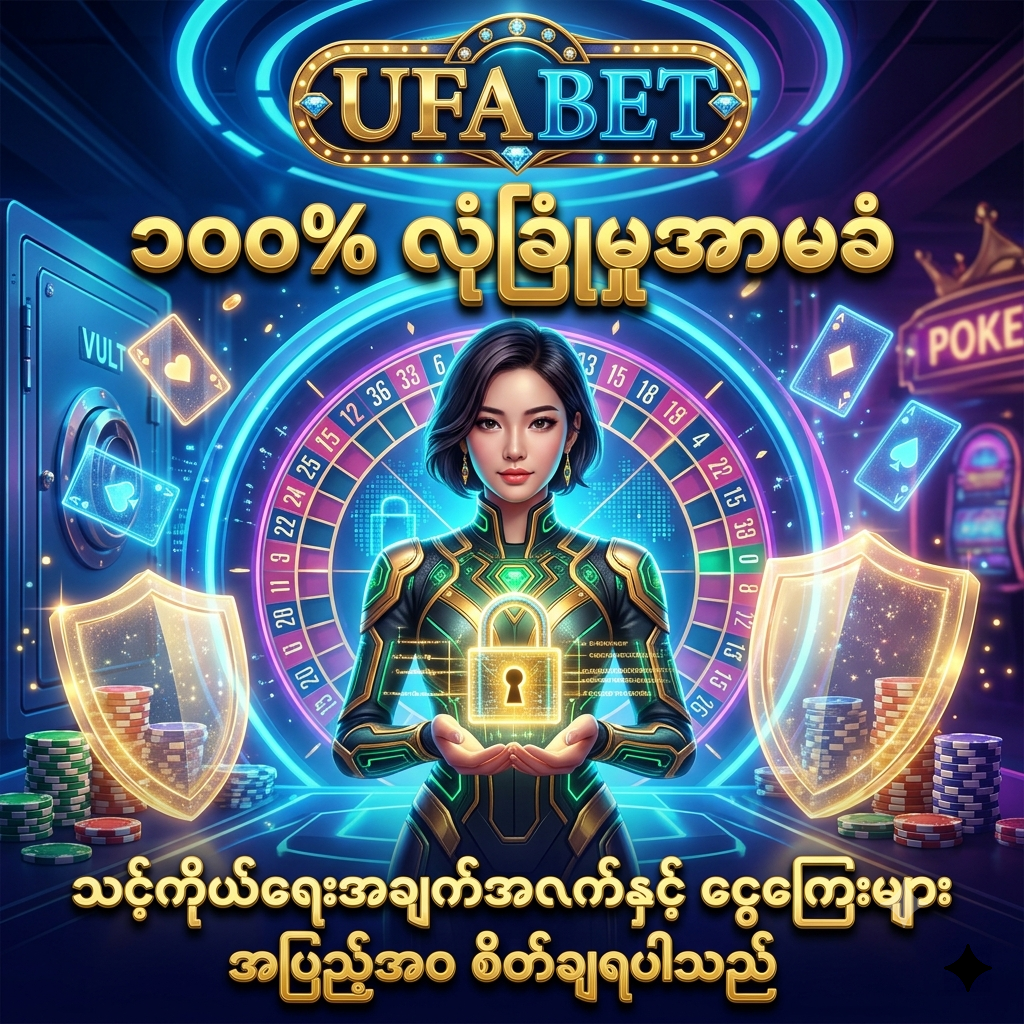 UFABET ၏ ၁၀၀% စိတ်ချရသော လုံခြုံရေးစနစ်၊ SSL Encryption နည်းပညာနှင့် နိုင်ငံတကာလိုင်စင်အောက်တွင် ကိုယ်ရေးအချက်အလက်နှင့် ငွေကြေးများကို အပြည့်အဝ ကာကွယ်ပေးထားကြောင်း ဖော်ပြထားသည့် ပုံရိပ်ဖြစ်ပြီး၊ ဆွဲဆောင်မှုရှိသော အာရှအမျိုးသမီးတင်ဆက်သူနှင့်အတူ လုံခြုံစိတ်ချရသော ဆိုင်ဘာပန့်ခ် ဖန်တစီကာစီနိုနောက်ခံဖြင့် သရုပ်ဖော်ထားသည်။