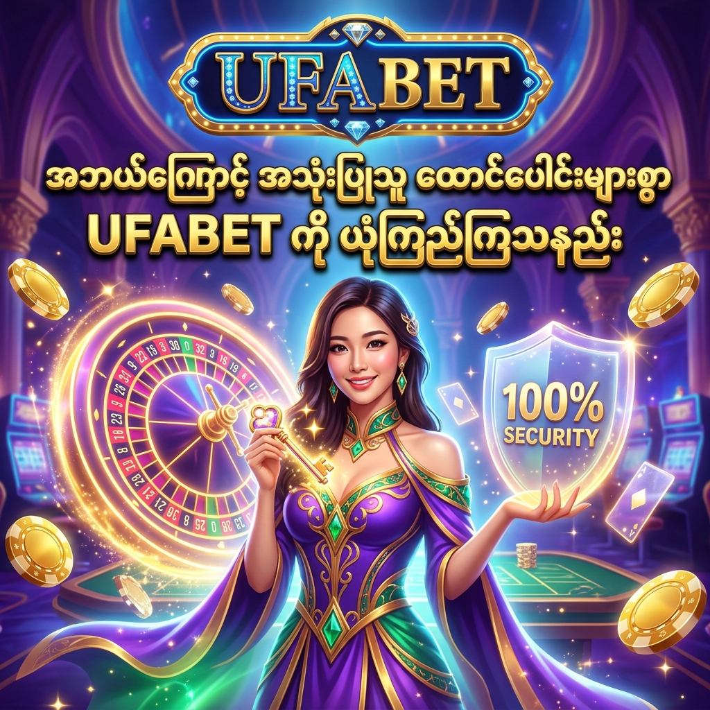 UFABET ကို အသုံးပြုသူ ထောင်ပေါင်းများစွာ ယုံကြည်ရခြင်း၏ အကြောင်းရင်းများဖြစ်သော ၁၀၀% ငွေပေးချေမှုသေချာခြင်း၊ ၂၄/၇ ဝန်ဆောင်မှုနှင့် အမြင့်ဆုံးလုံခြုံရေးစနစ်တို့ကို ဖော်ပြထားသည့် ပုံရိပ်ဖြစ်ပြီး၊ ဆွဲဆောင်မှုရှိသော အာရှအမျိုးသမီးတင်ဆက်သူနှင့်အတူ ခမ်းနားထည်ဝါသော ဖန်တစီကာစီနိုနောက်ခံဖြင့် သရုပ်ဖော်ထားသည်။